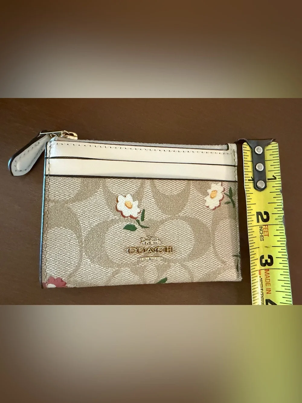 Coach Beige Floral Signature Zip Card Case Keyring with Chalk Trim